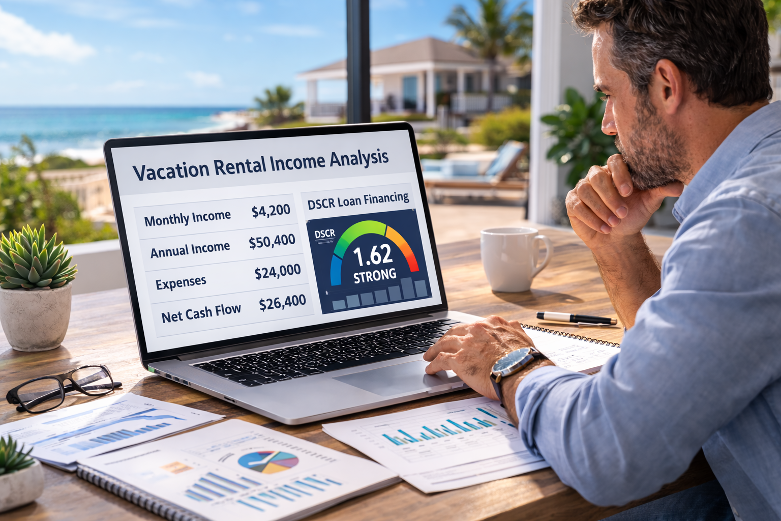 real estate investor analyzing vacation rental property income and DSCR loan financing on a laptop in a bright modern office