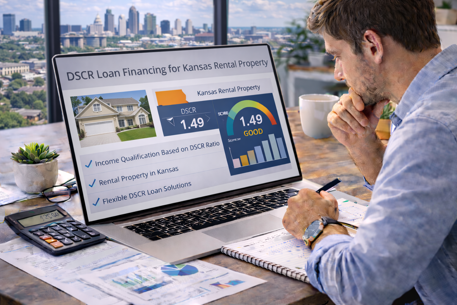 real estate investor reviewing DSCR loan financing for Kansas rental property on a laptop in a professional office with a Midwestern city skyline visible through the window