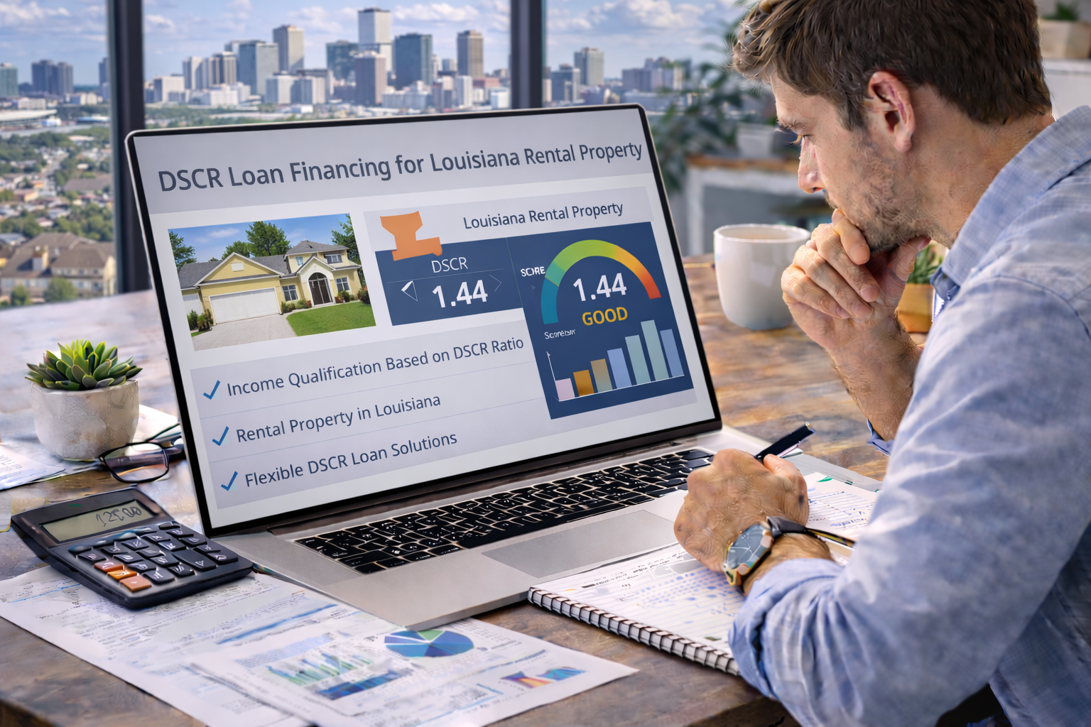 real estate investor reviewing DSCR loan financing for Louisiana rental property on a laptop in a professional office with a southern city skyline visible through the window