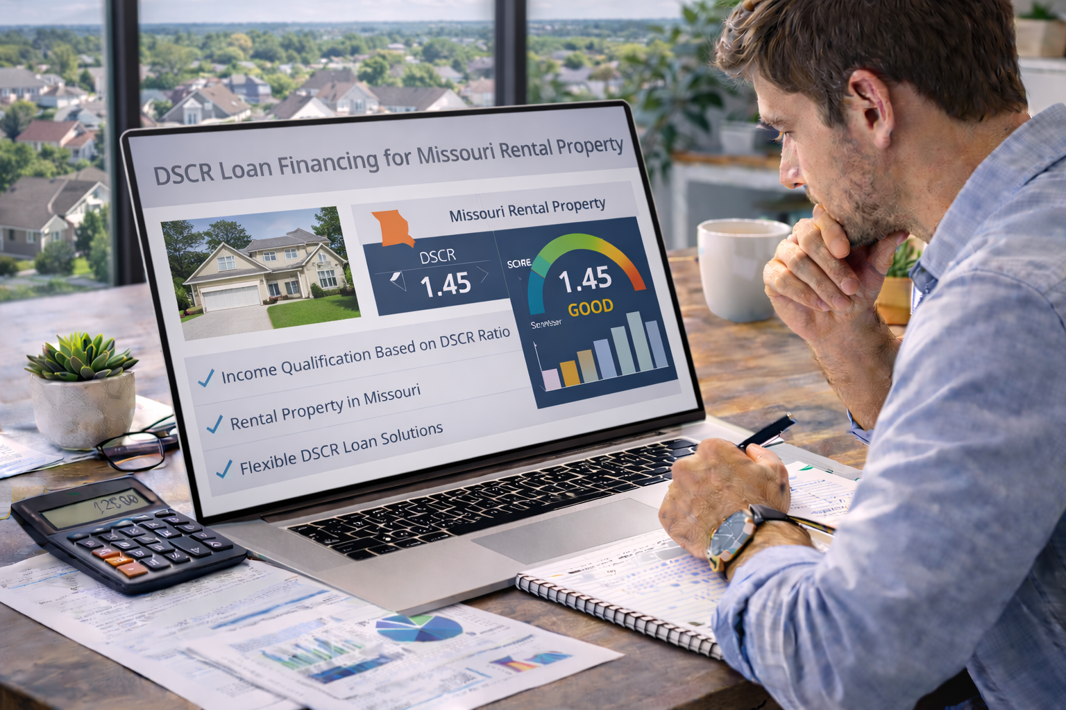 real estate investor analyzing DSCR loan financing for Missouri rental property on a laptop with a Midwestern suburban neighborhood visible through the window