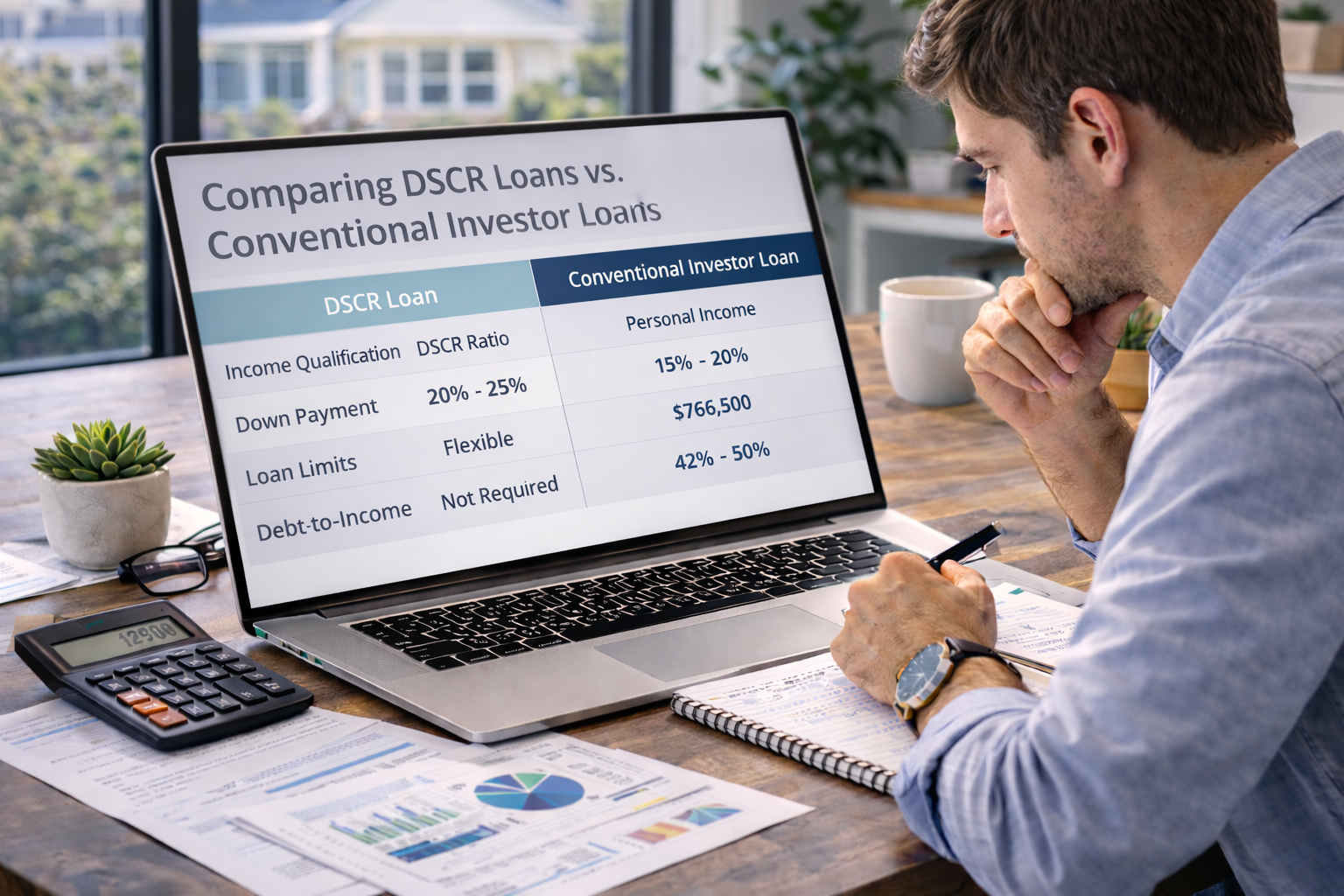 real estate investor comparing DSCR loans and conventional investor loan options for rental property financing on a laptop in a bright professional office
