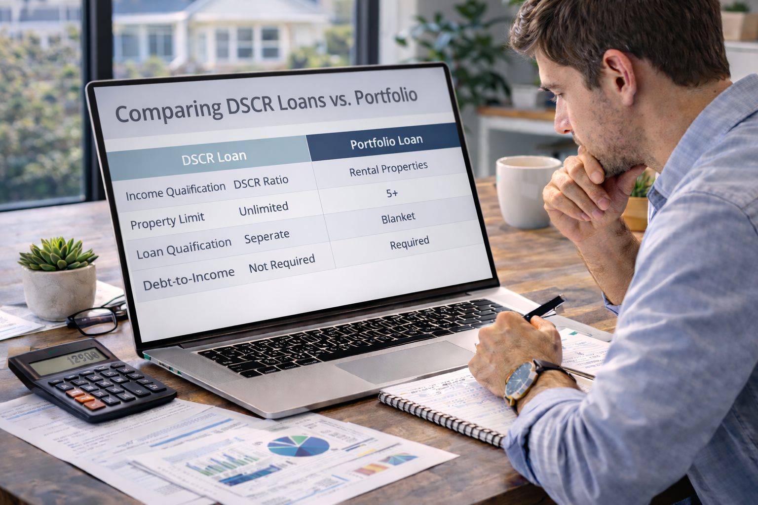 real estate investor comparing DSCR loans and portfolio loan financing options for rental properties on a laptop in a bright professional office