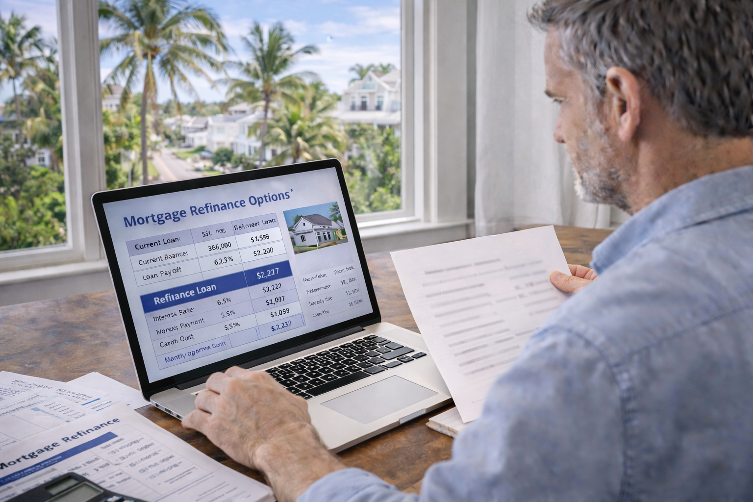 Florida homeowner reviewing mortgage refinance options with laptop and financial documents