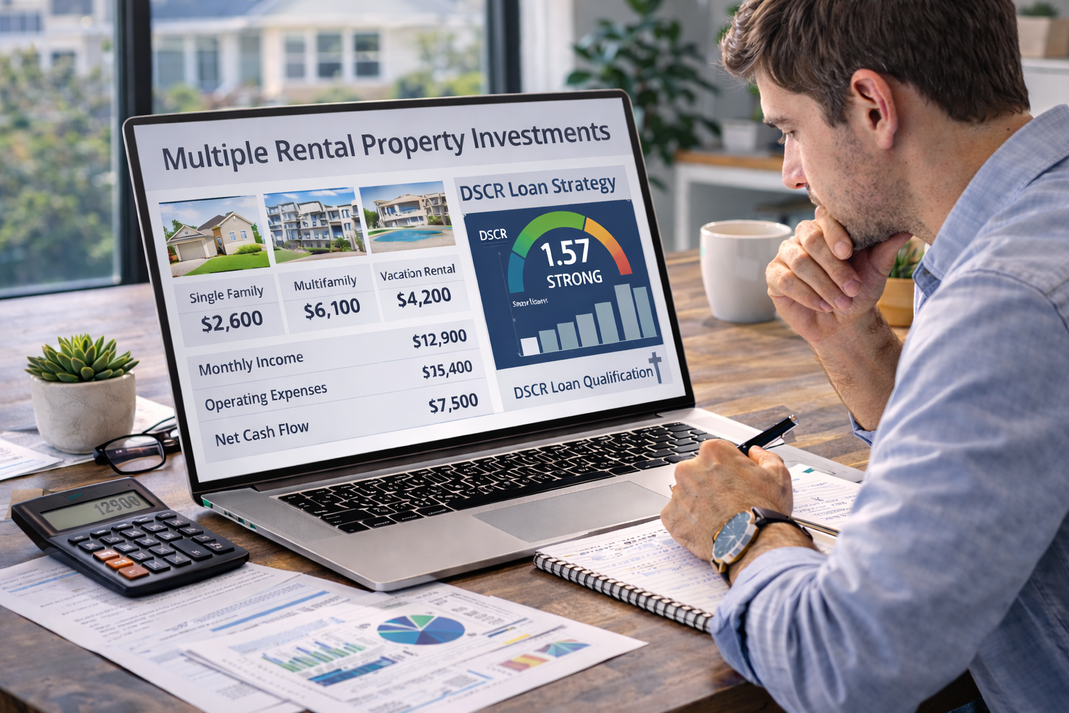 real estate investor reviewing multiple rental property investments and DSCR loan strategy on a laptop with property charts and notes in a bright office