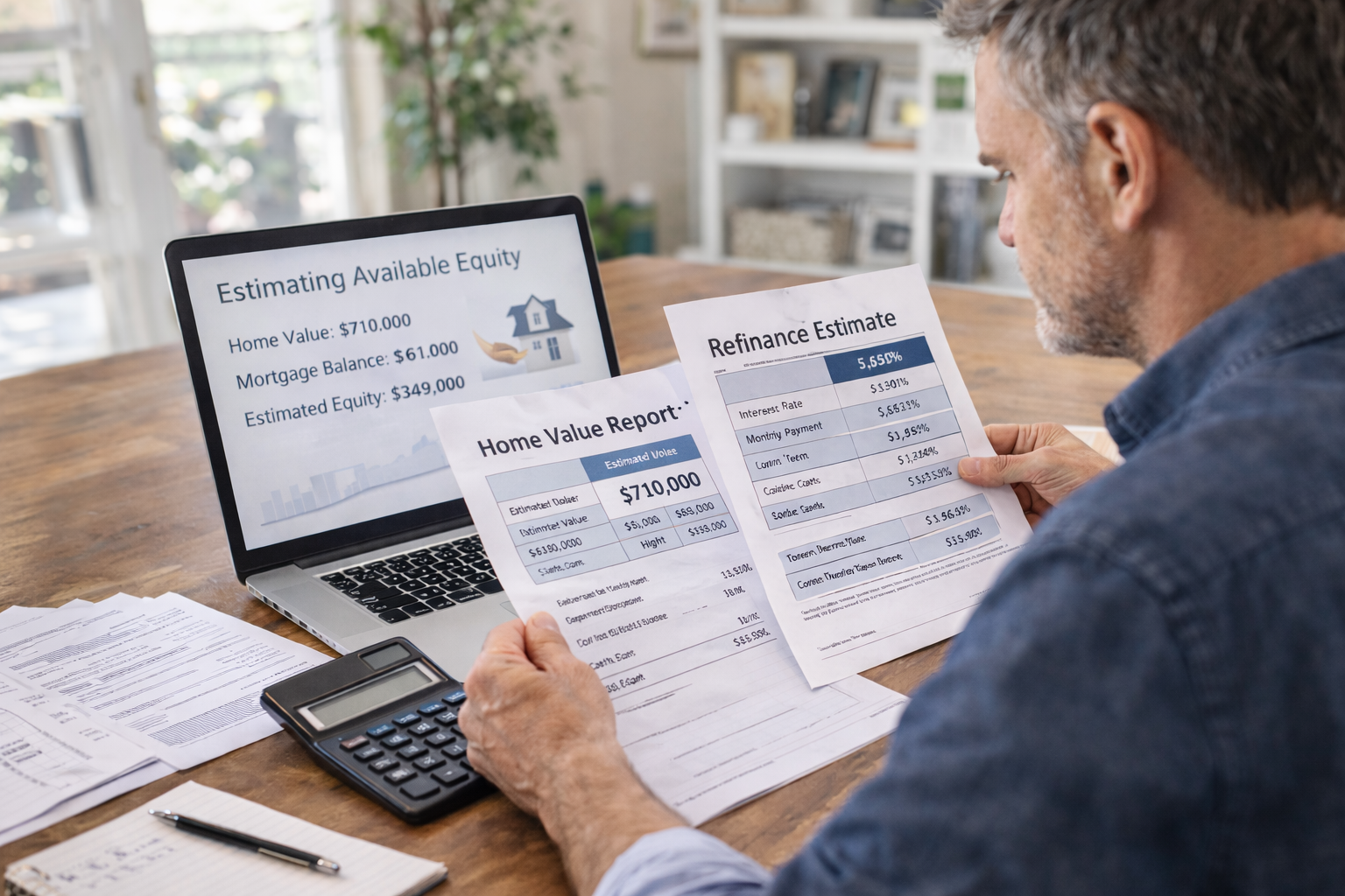 Homeowner calculating home equity and reviewing refinance options on a laptop