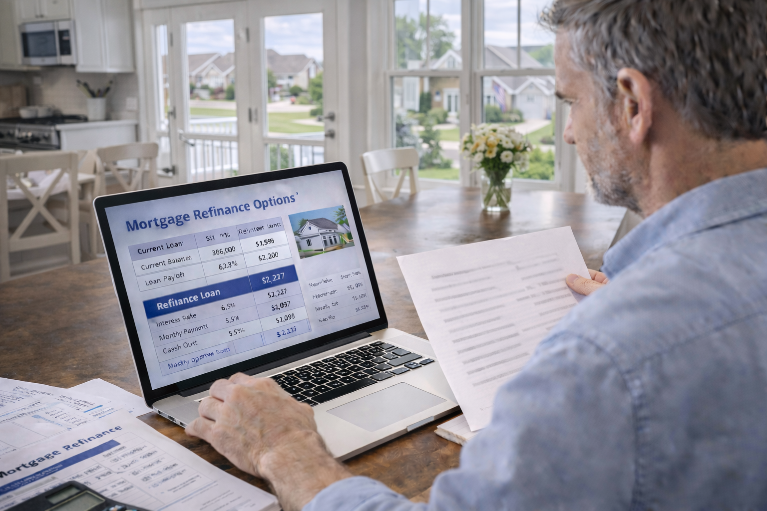 Kansas homeowner reviewing mortgage refinance options with laptop and financial documents