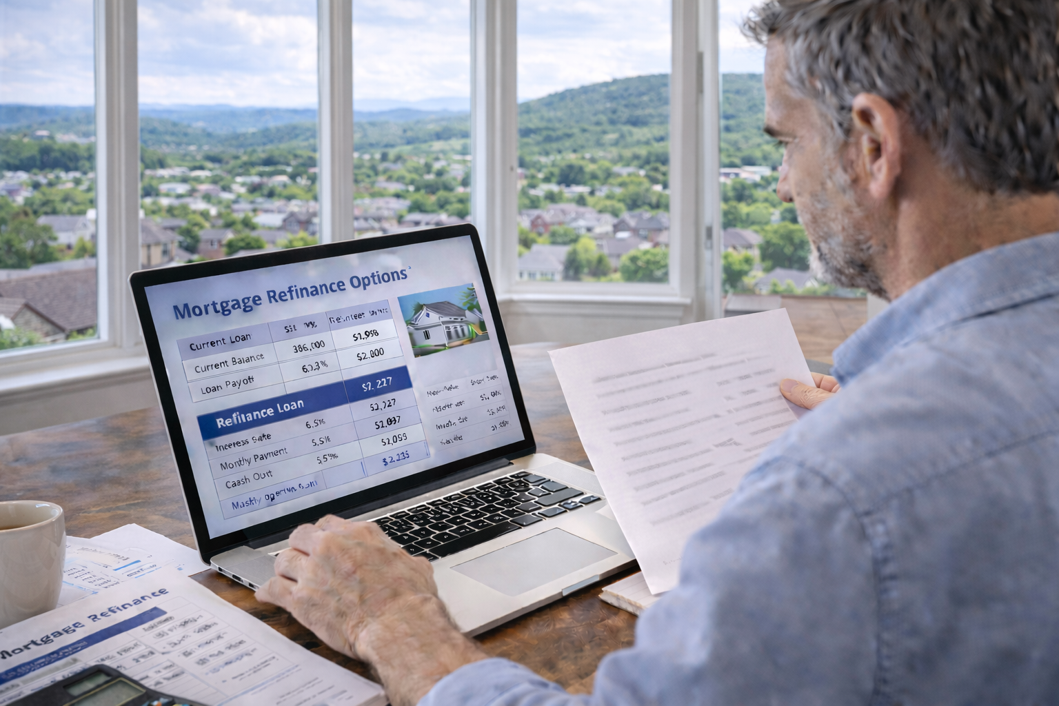 Knoxville Tennessee homeowner reviewing mortgage refinance options with laptop and financial documents