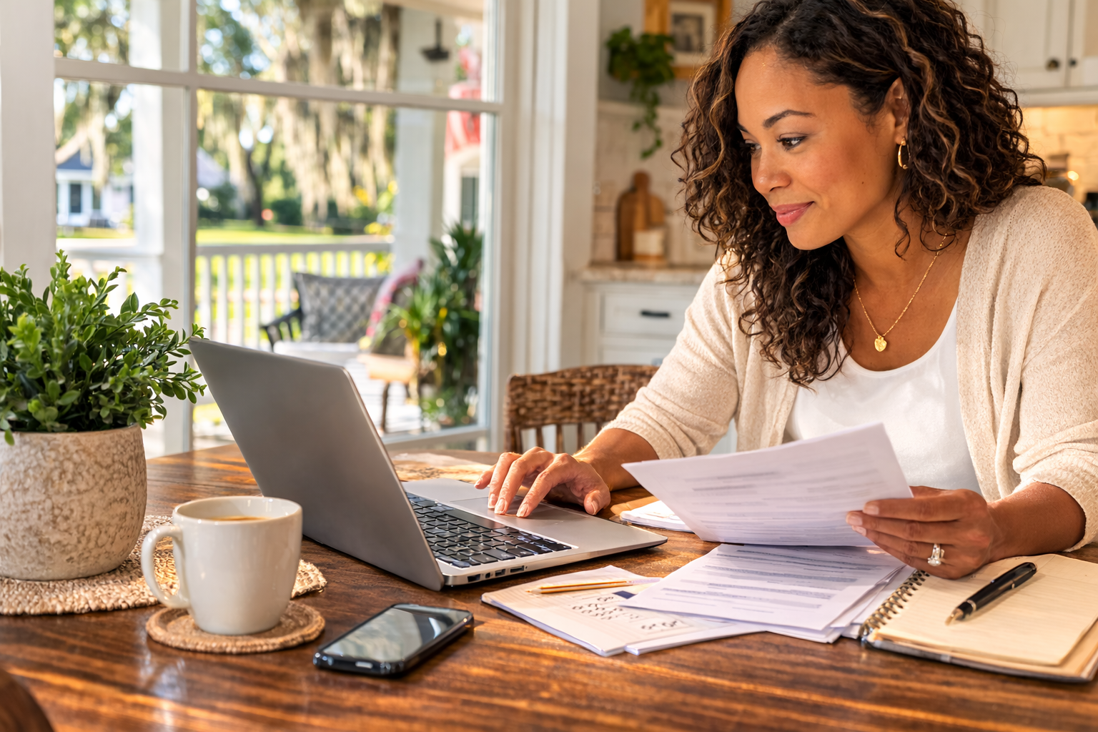 Louisiana homeowner reviewing mortgage refinance options with laptop and financial documents