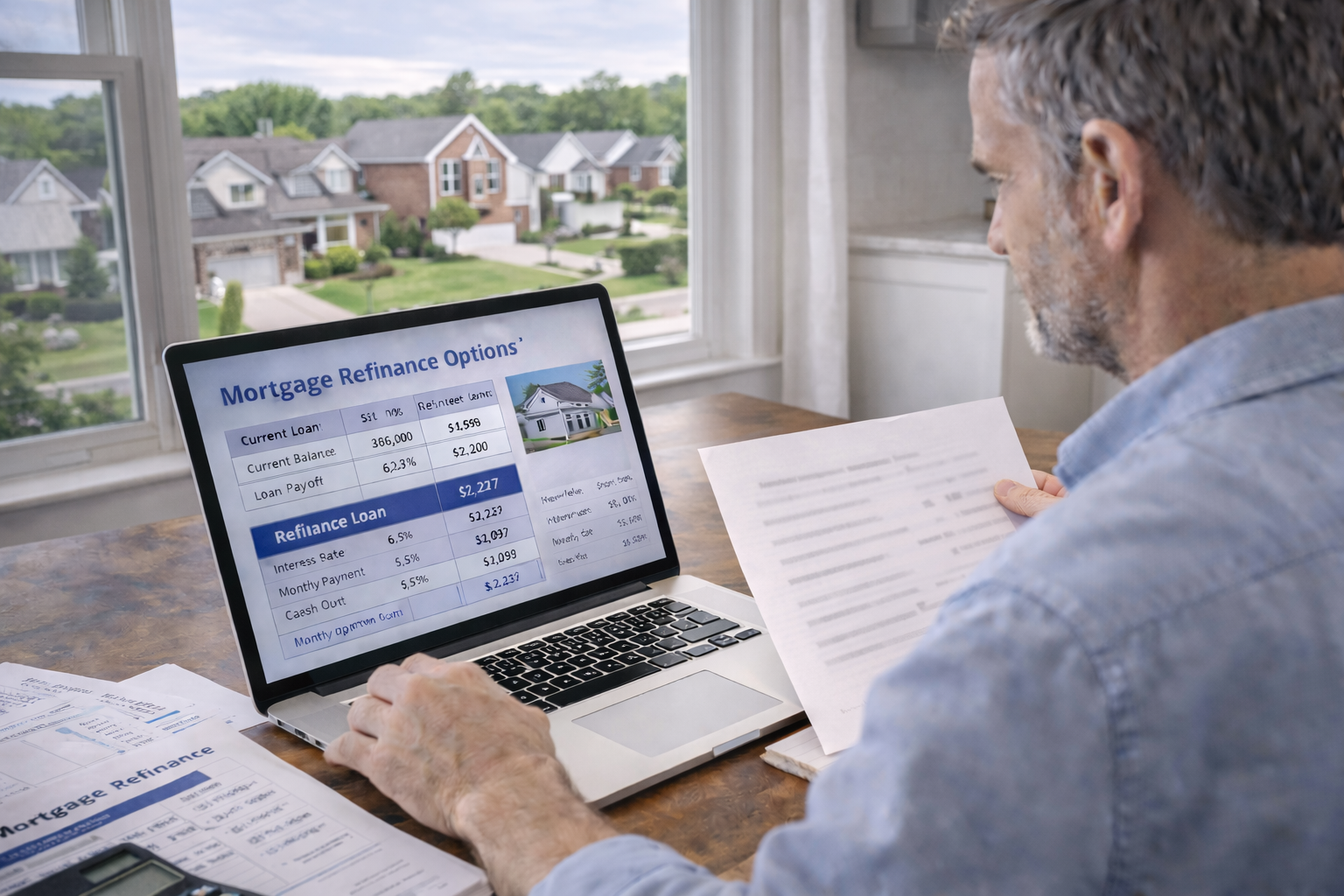 Missouri homeowner reviewing mortgage refinance options with laptop and financial documents
