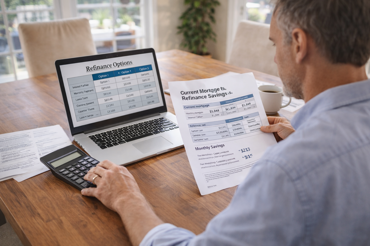 Homeowner calculating mortgage refinance break even point with calculator and loan documents