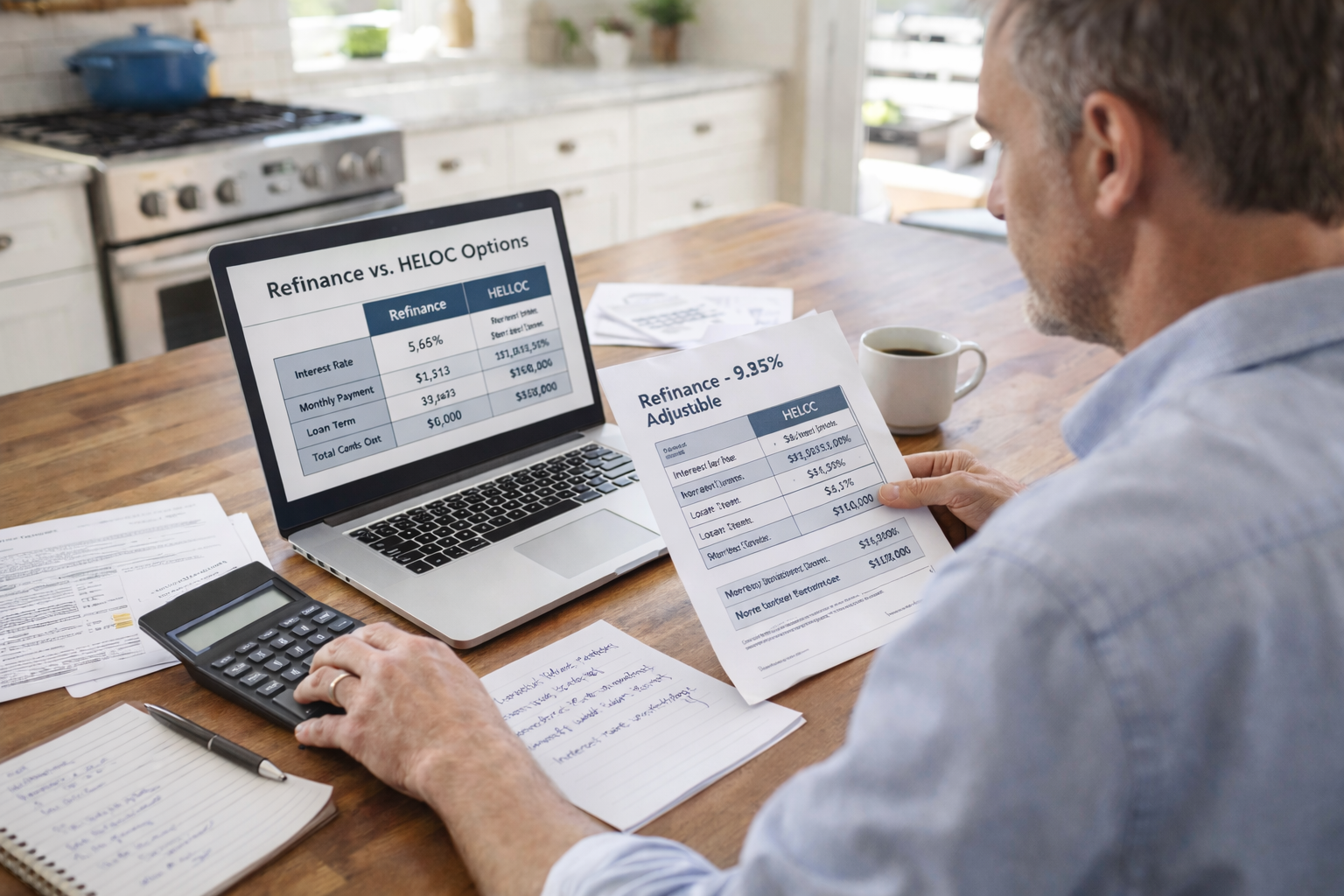 Homeowner comparing mortgage refinance and HELOC options with loan documents and calculator