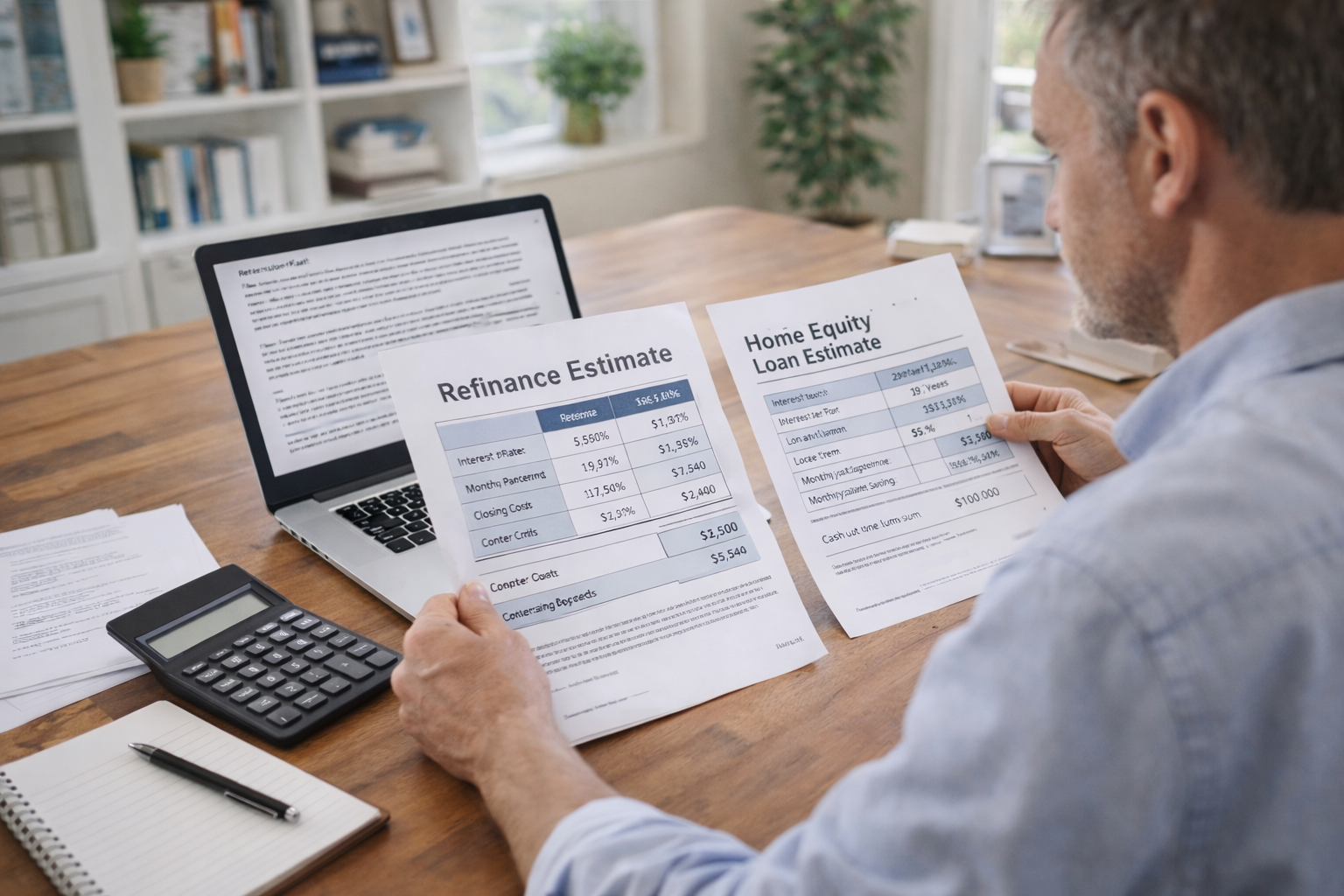 Homeowner comparing mortgage refinance and home equity loan options with loan documents and calculator