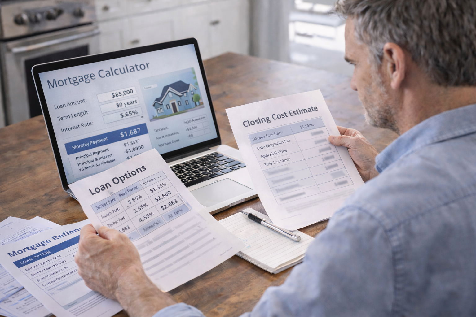 Homeowner reviewing refinance loan estimate showing lender credits to cover closing costs