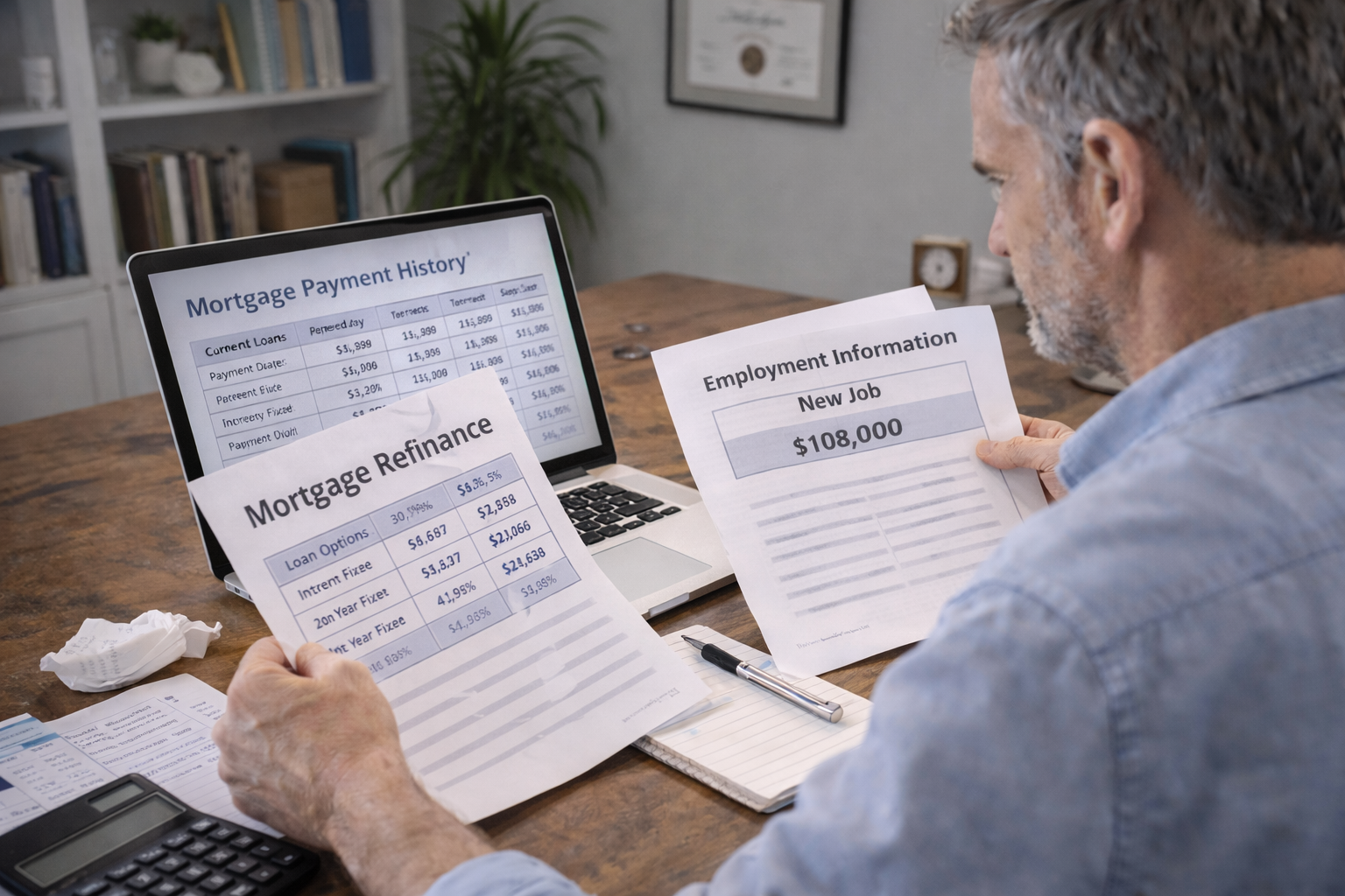 Homeowner reviewing mortgage refinance options after changing jobs