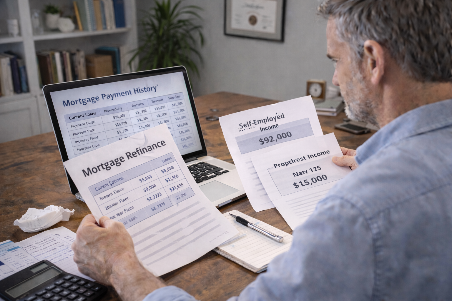 Self employed homeowner reviewing mortgage refinance options using financial documents and laptop