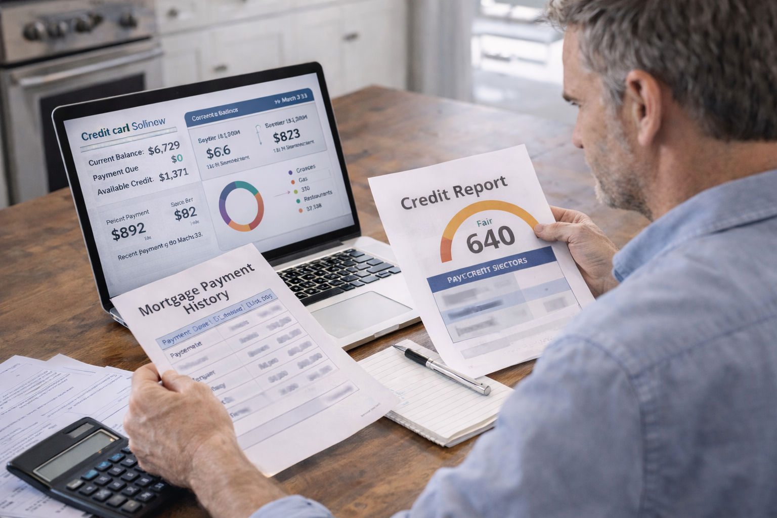 Homeowner reviewing credit report and mortgage history while exploring refinance options after late payments