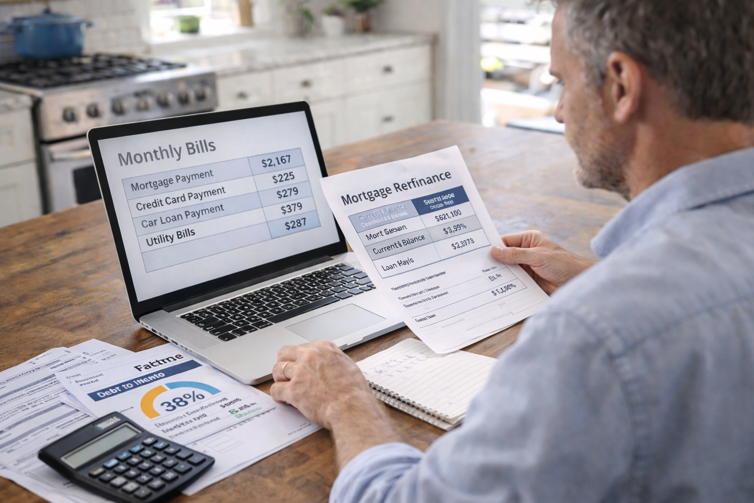 Homeowner reviewing monthly bills and calculating debt to income ratio for mortgage refinance