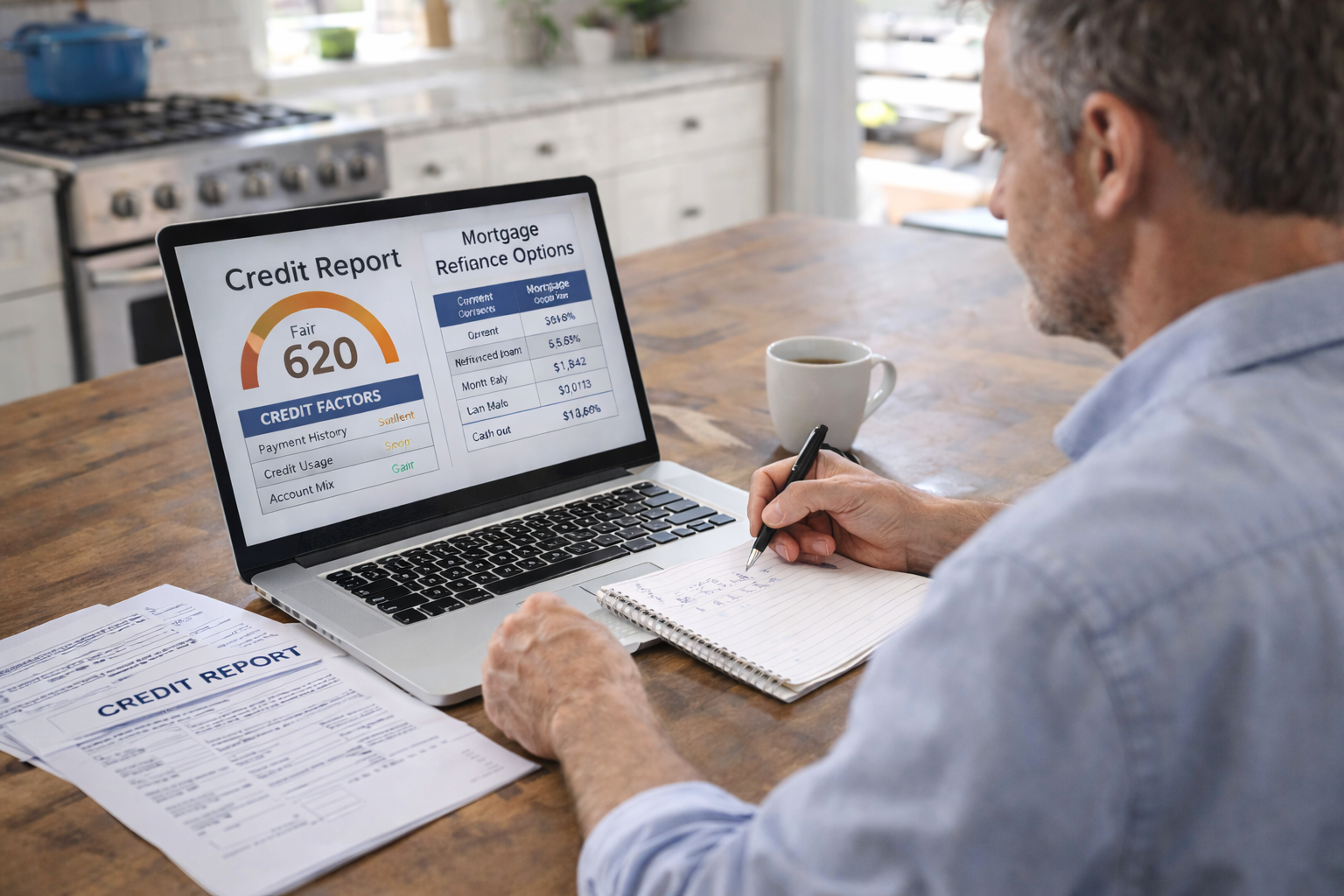 Homeowner reviewing credit report while exploring mortgage refinance options with low credit score