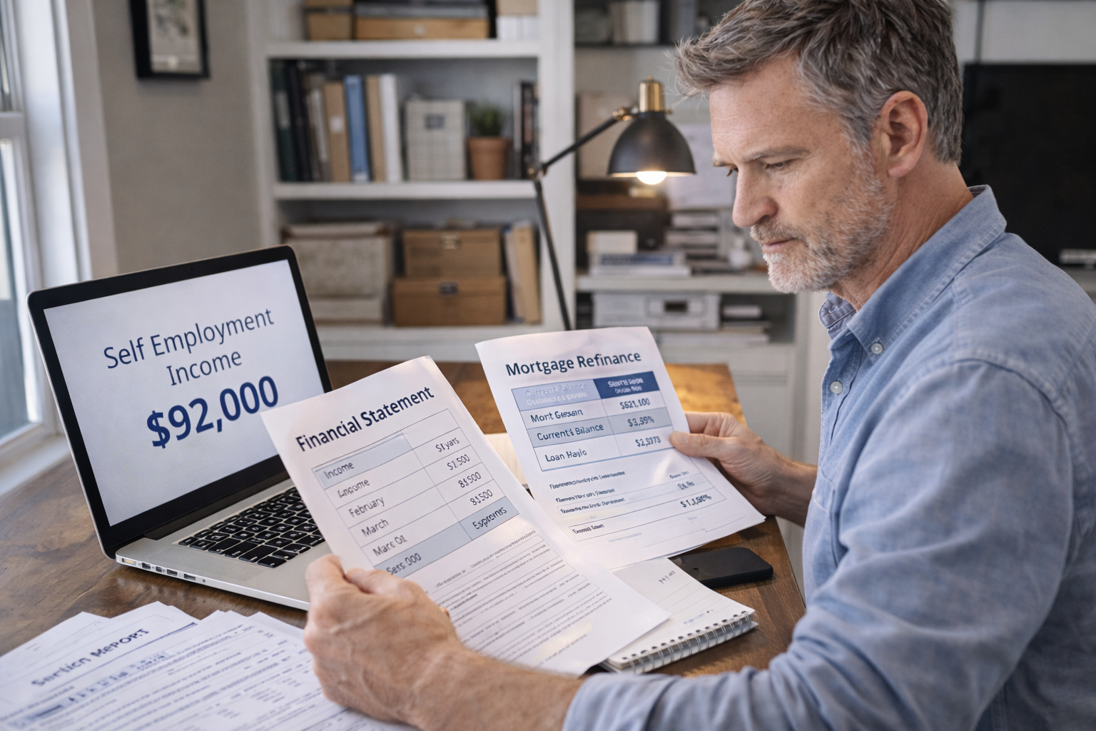 Self employed homeowner reviewing mortgage refinance options without traditional income verification