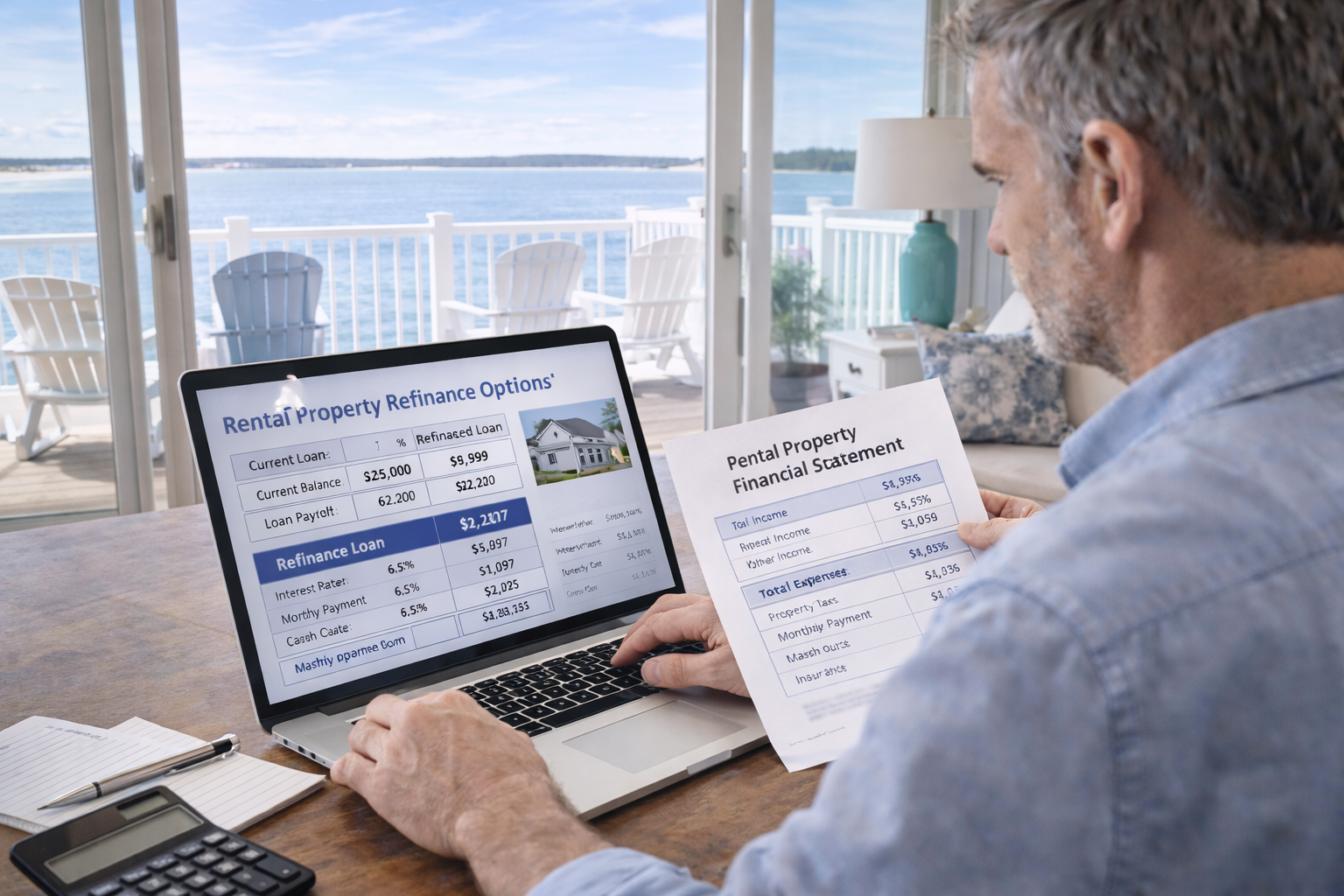 Homeowner reviewing refinance options for a second home on a laptop