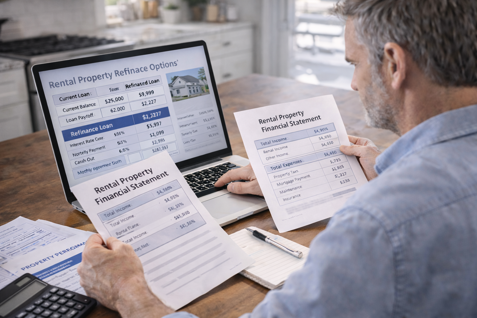 Real estate investor reviewing refinance options for a rental property on a laptop