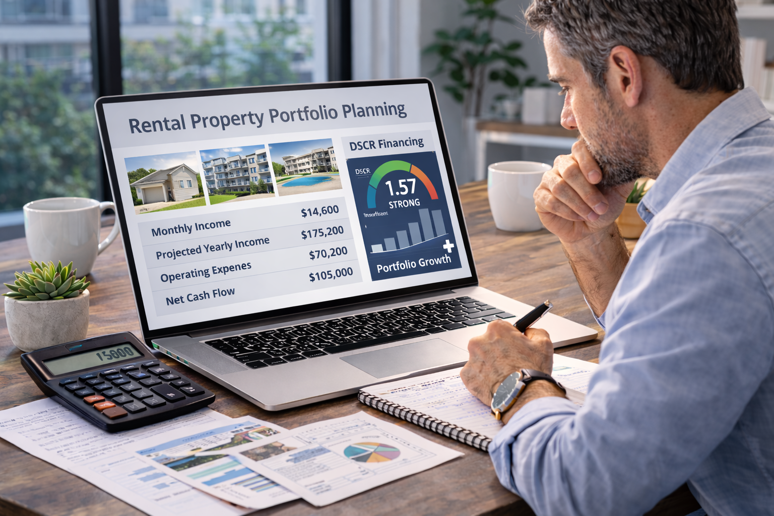 real estate investor planning rental property portfolio growth using DSCR financing and cash flow analysis on a laptop in a modern office
