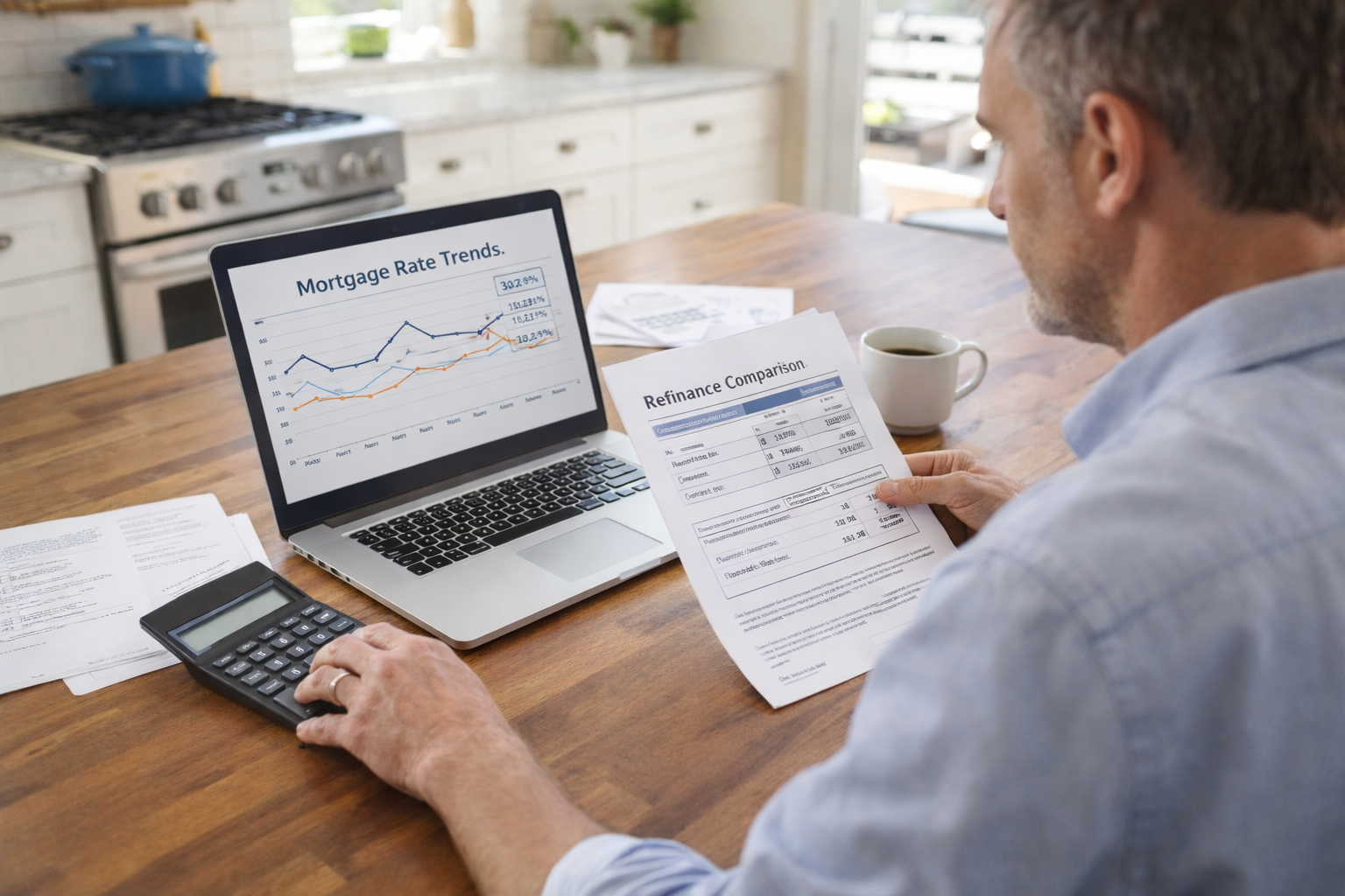 Homeowner reviewing mortgage rates on laptop to decide whether to refinance after rates drop