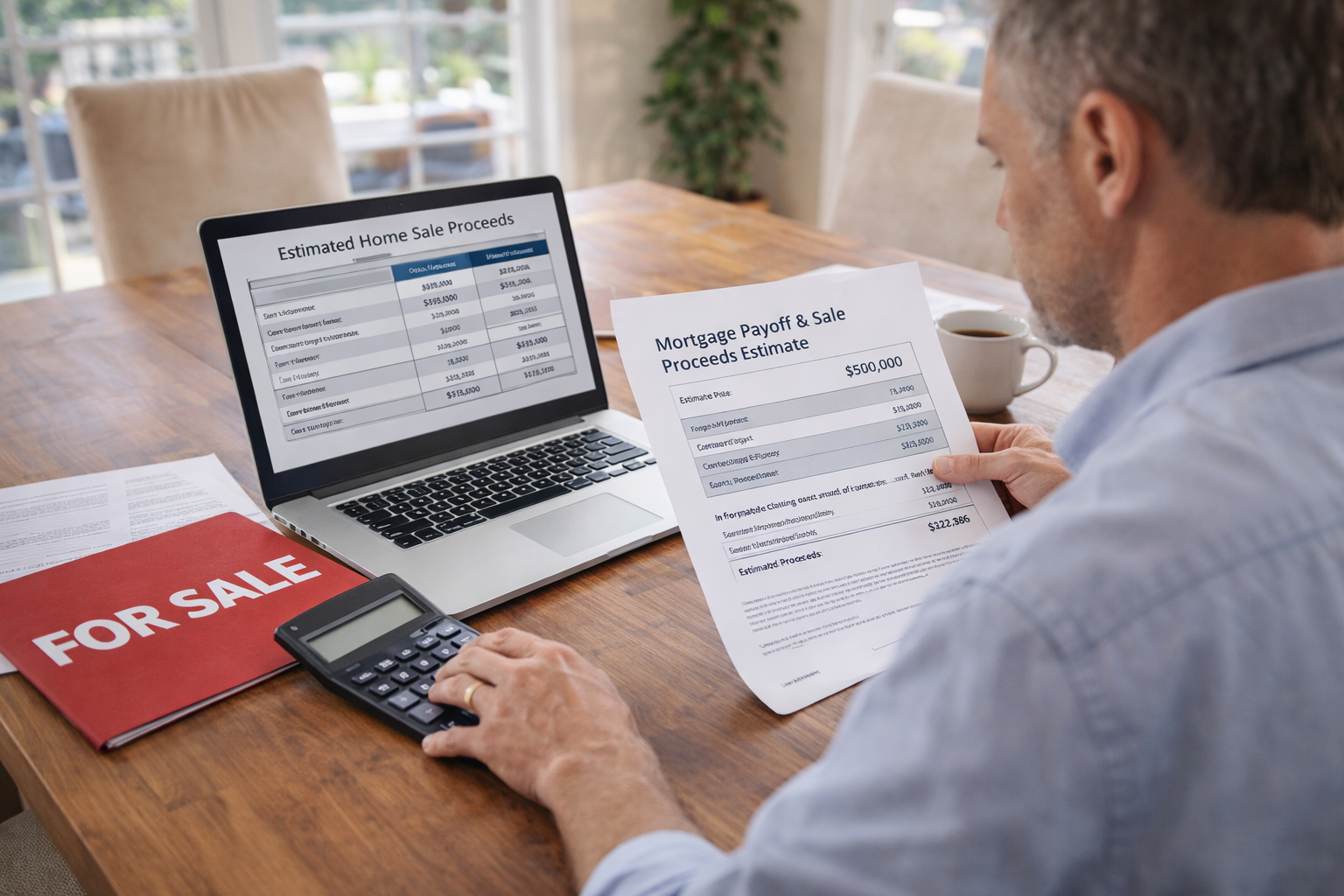 Homeowner reviewing refinance documents and home sale numbers before deciding whether to refinance before selling