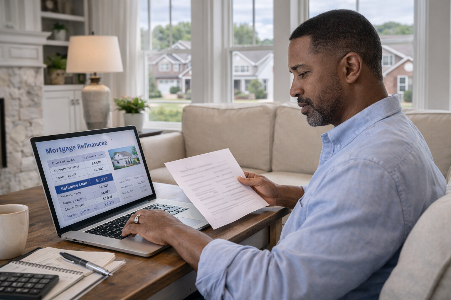 Tennessee homeowner reviewing mortgage refinance options with laptop and financial documents