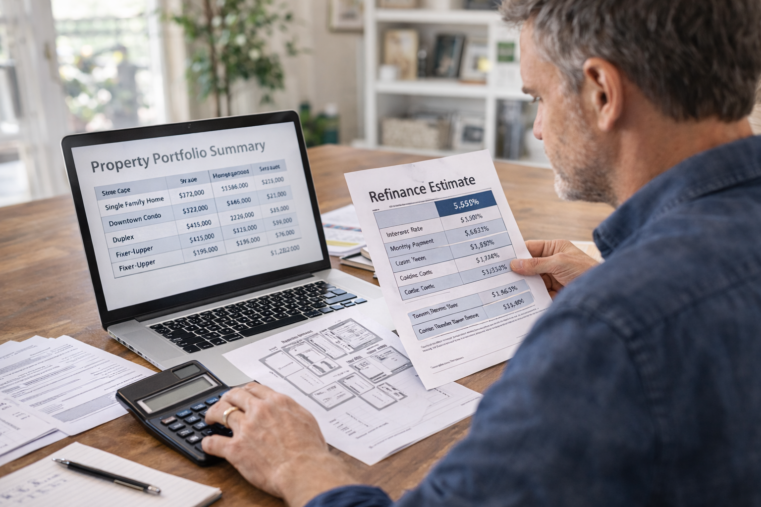 Real estate investor reviewing documents to use cash out refinance from a property to fund additional real estate investments