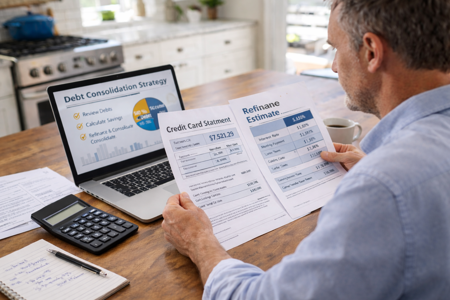 Homeowner reviewing credit card statements and refinance paperwork to consolidate debt using home equity
