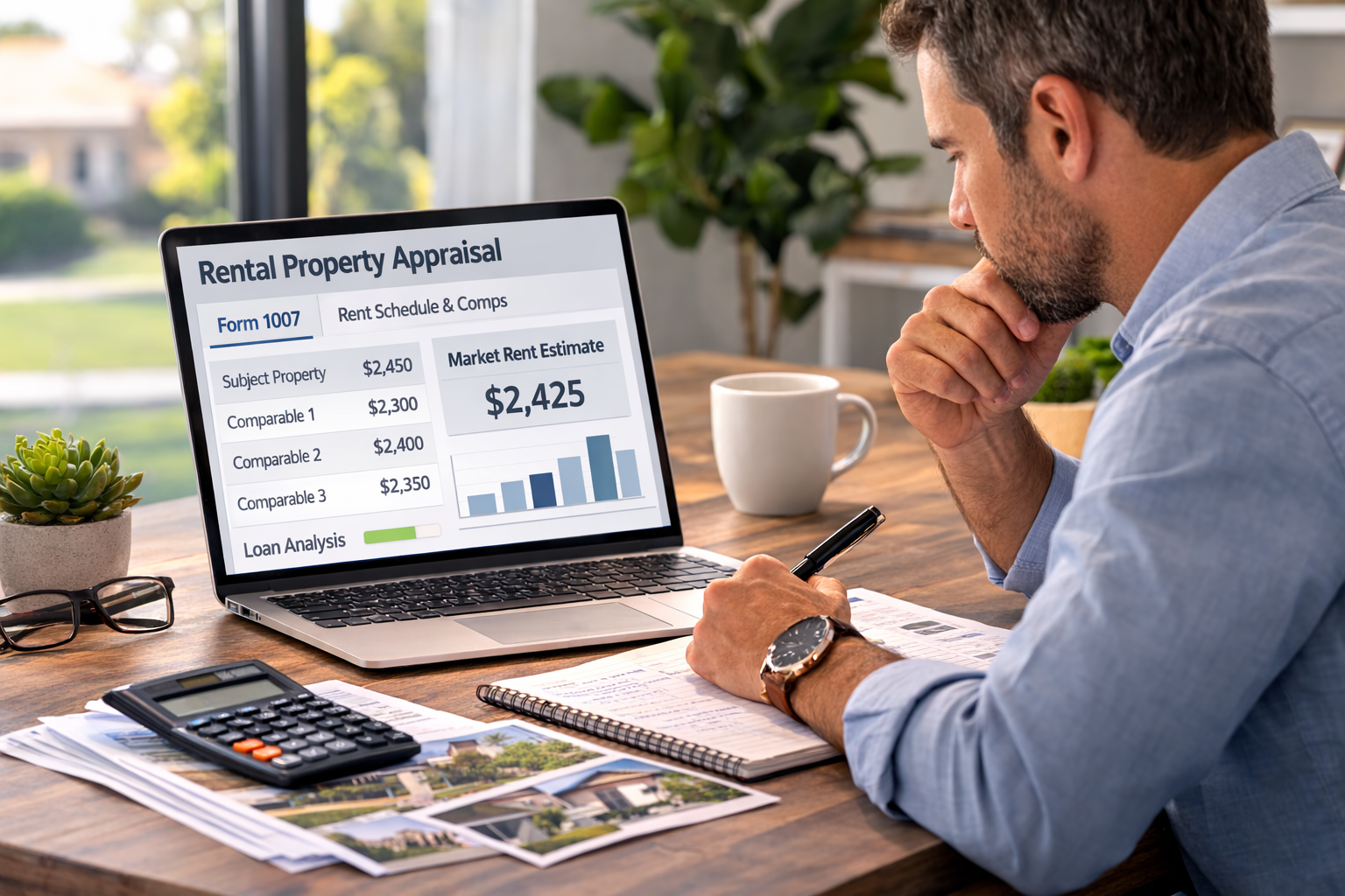Real estate investor reviewing Form 1007 rent schedule for DSCR loan qualification