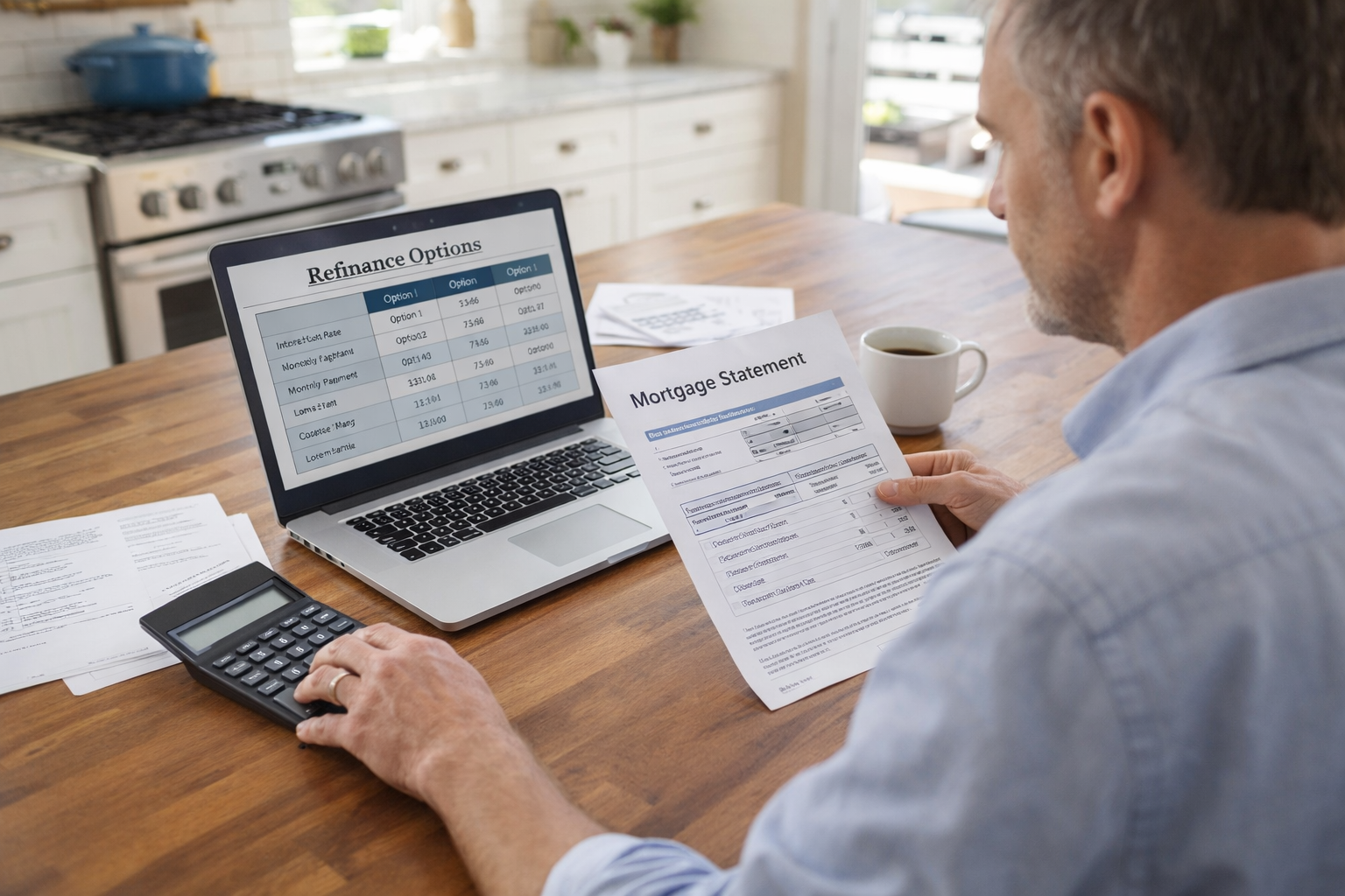 Homeowner reviewing mortgage paperwork and calculating whether refinancing makes financial sense