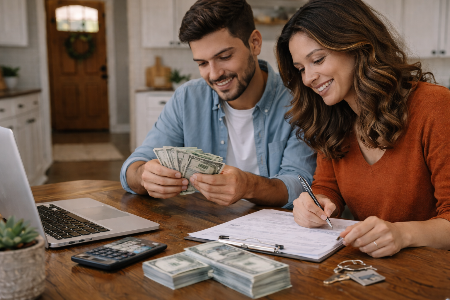 Homebuyer calculating FHA cash to close with calculator and paperwork