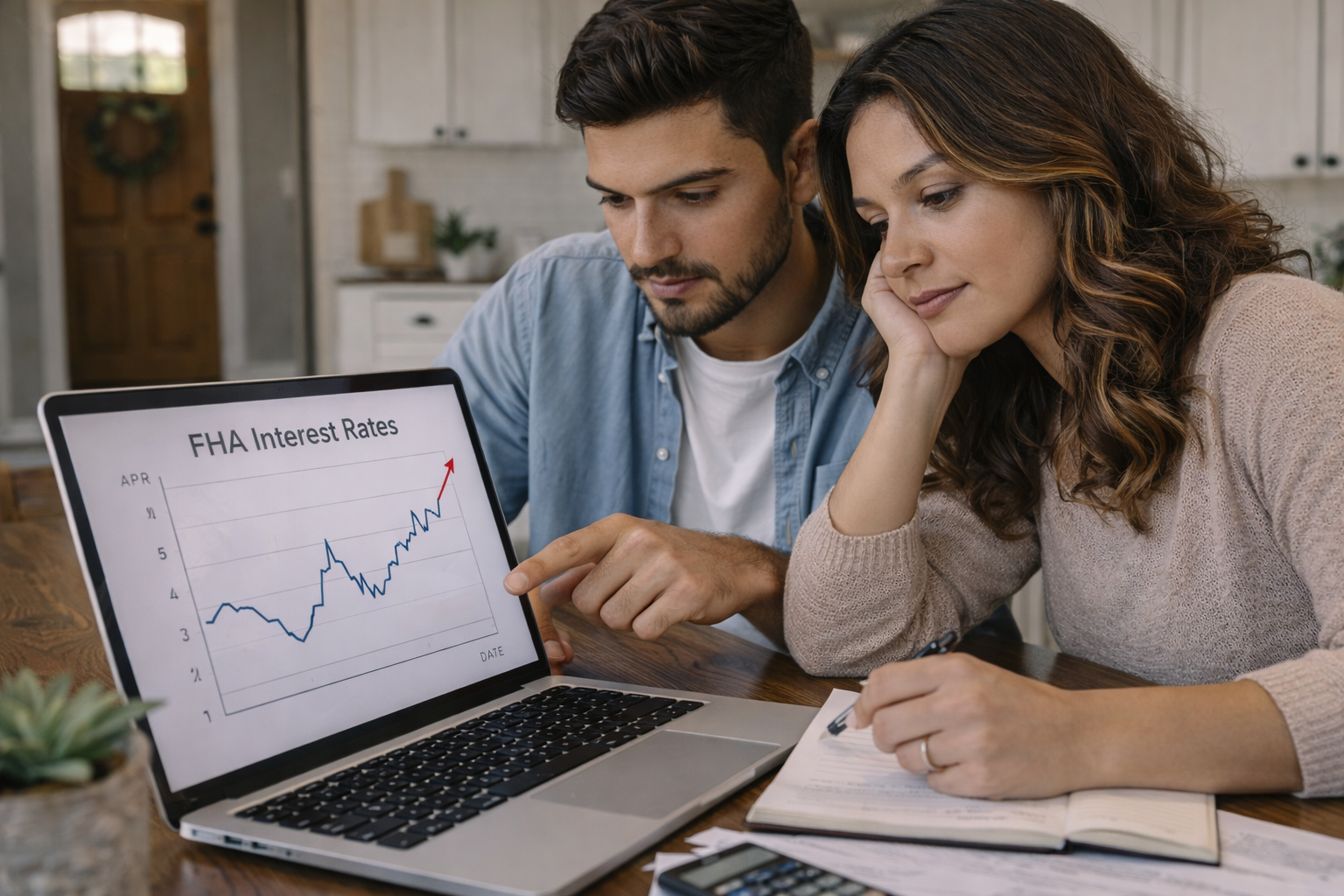 Homebuyer reviewing FHA mortgage interest rate options at a desk