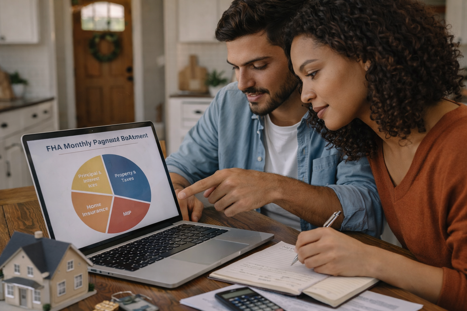 Homebuyer reviewing monthly FHA mortgage payment costs with calculator and paperwork