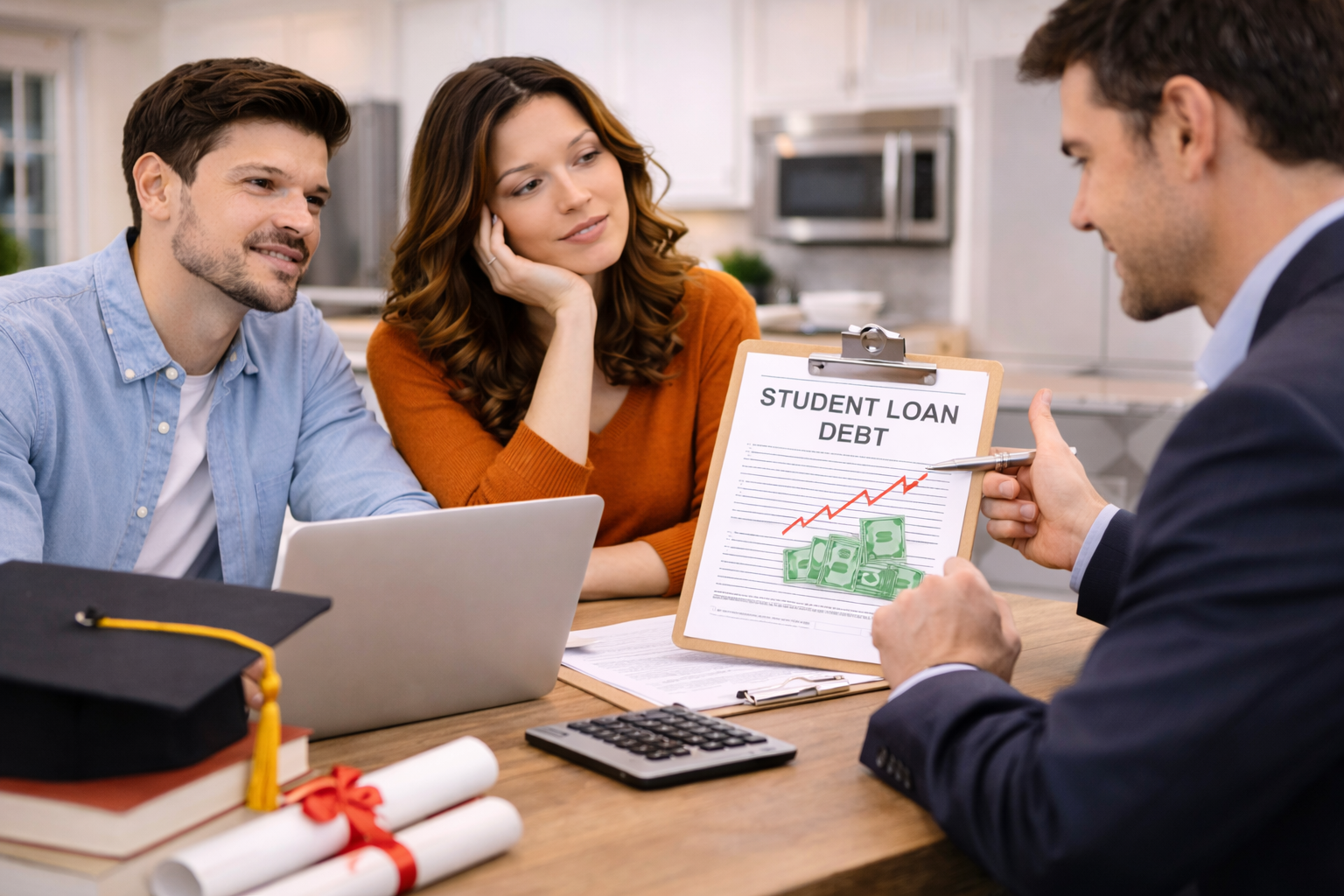 borrower reviewing student loan debt and mortgage approval documents