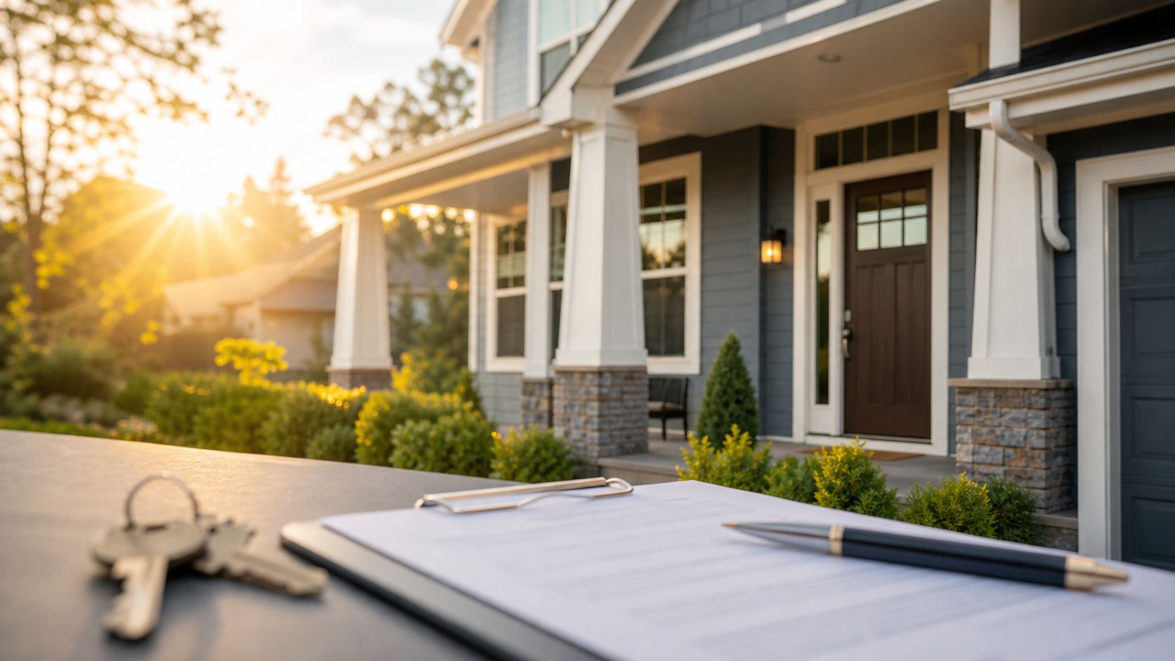A home exterior with keys and documents, representing mortgage financing