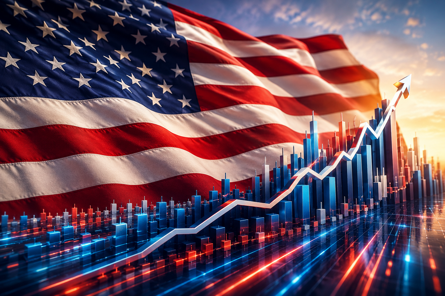 Federal Reserve building with financial charts, housing market imagery, and American flag representing interest rates and inflation policy changes