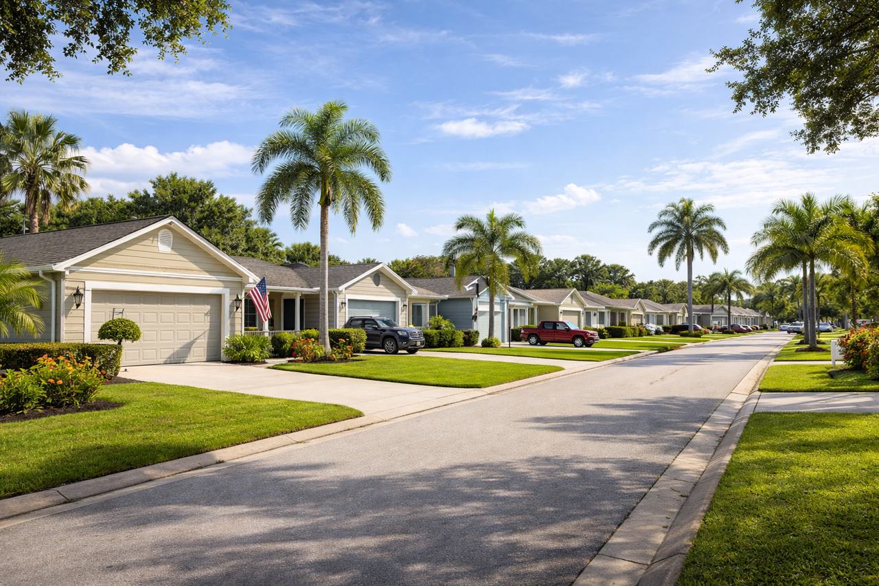 Residential neighborhood streetscape in Viera Florida representing FHA homebuyers