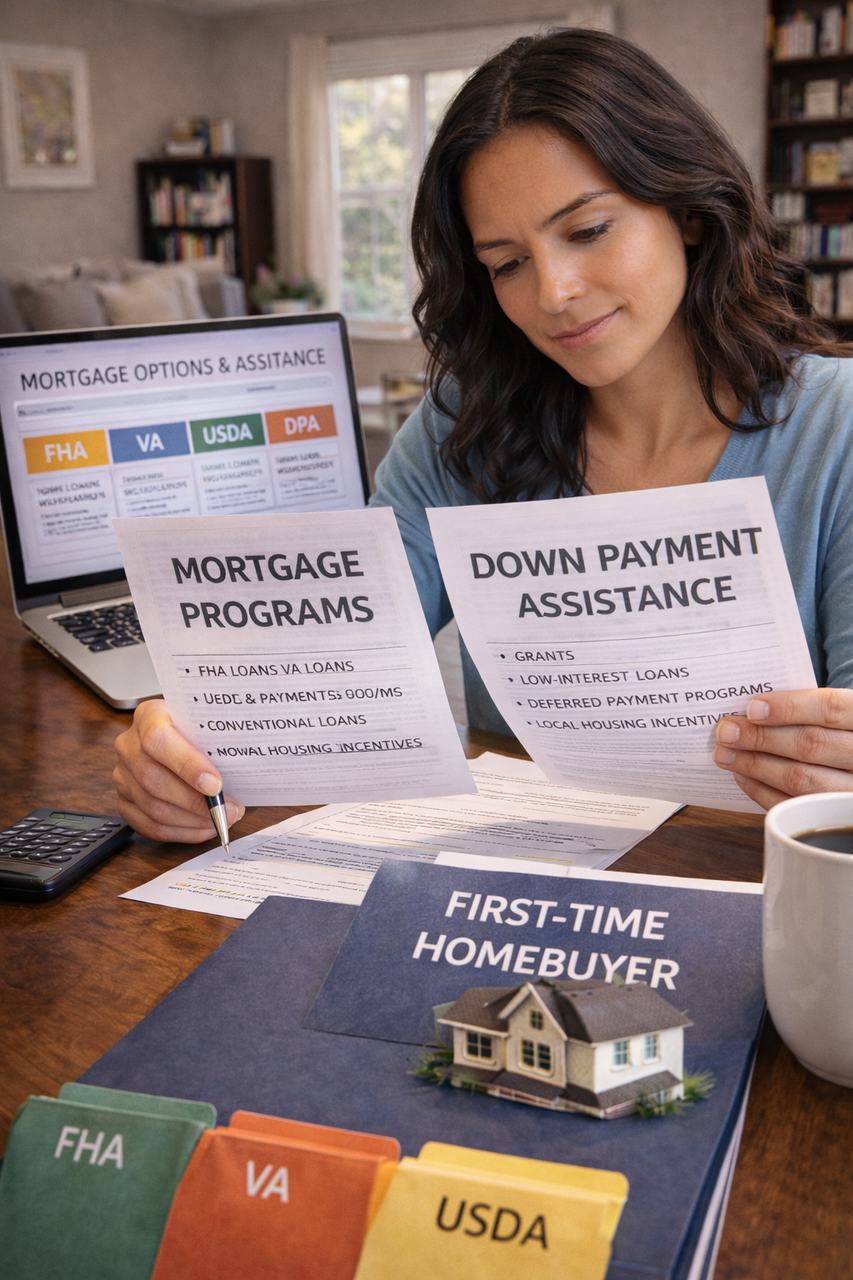First-time homebuyer reviewing available mortgage programs and down payment assistance options