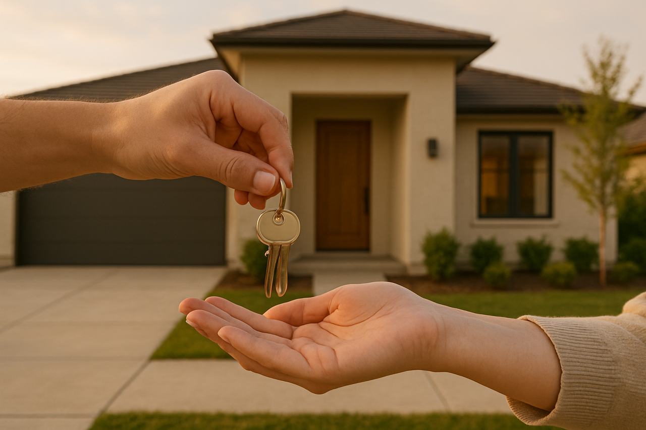 Home buying process with keys and home exterior