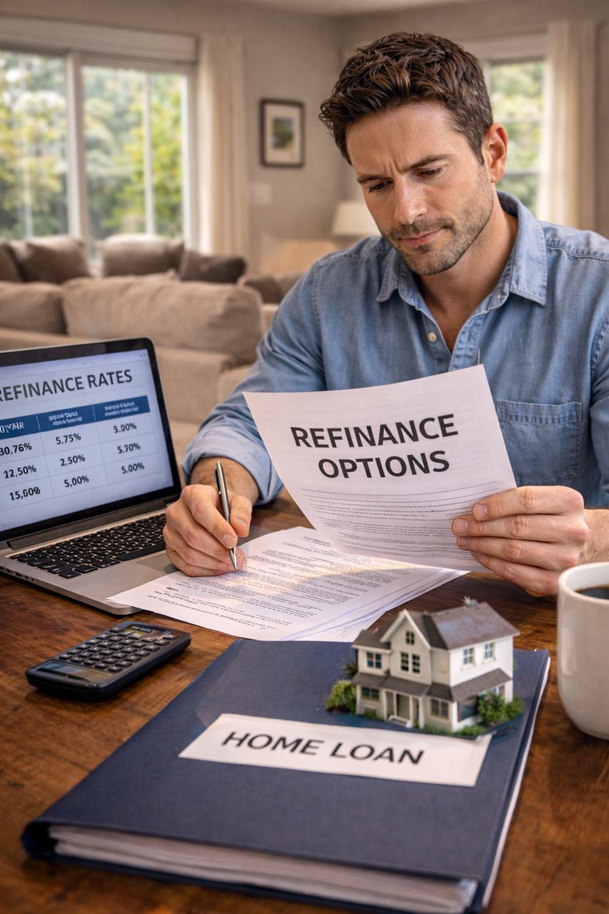 Homeowner reviewing refinance options representing mortgage refinance guides and loan education