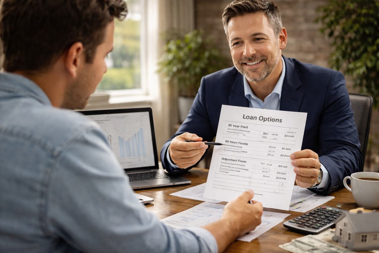 Homebuyer meeting with a mortgage broker to compare loan options and get pre approved