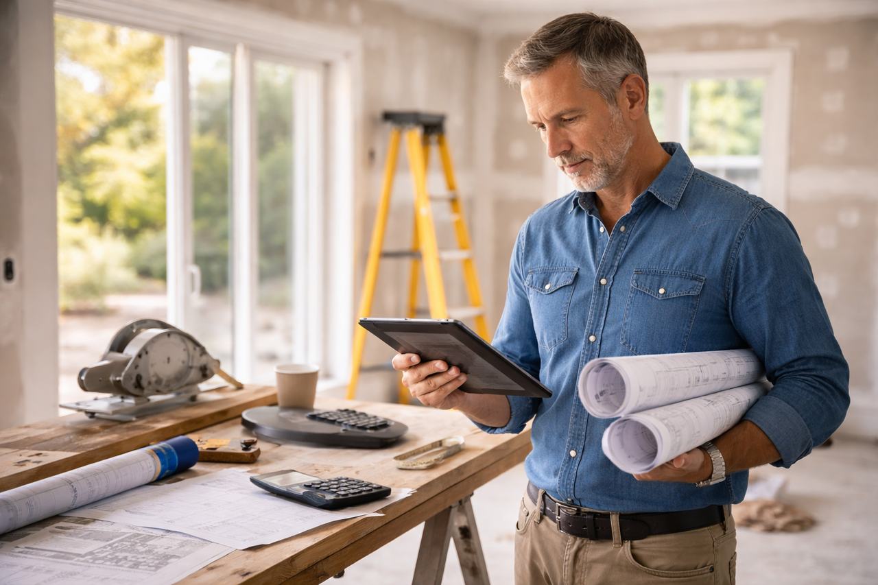 Real estate investor renovating a rental property while reviewing financing documents and budget plans
