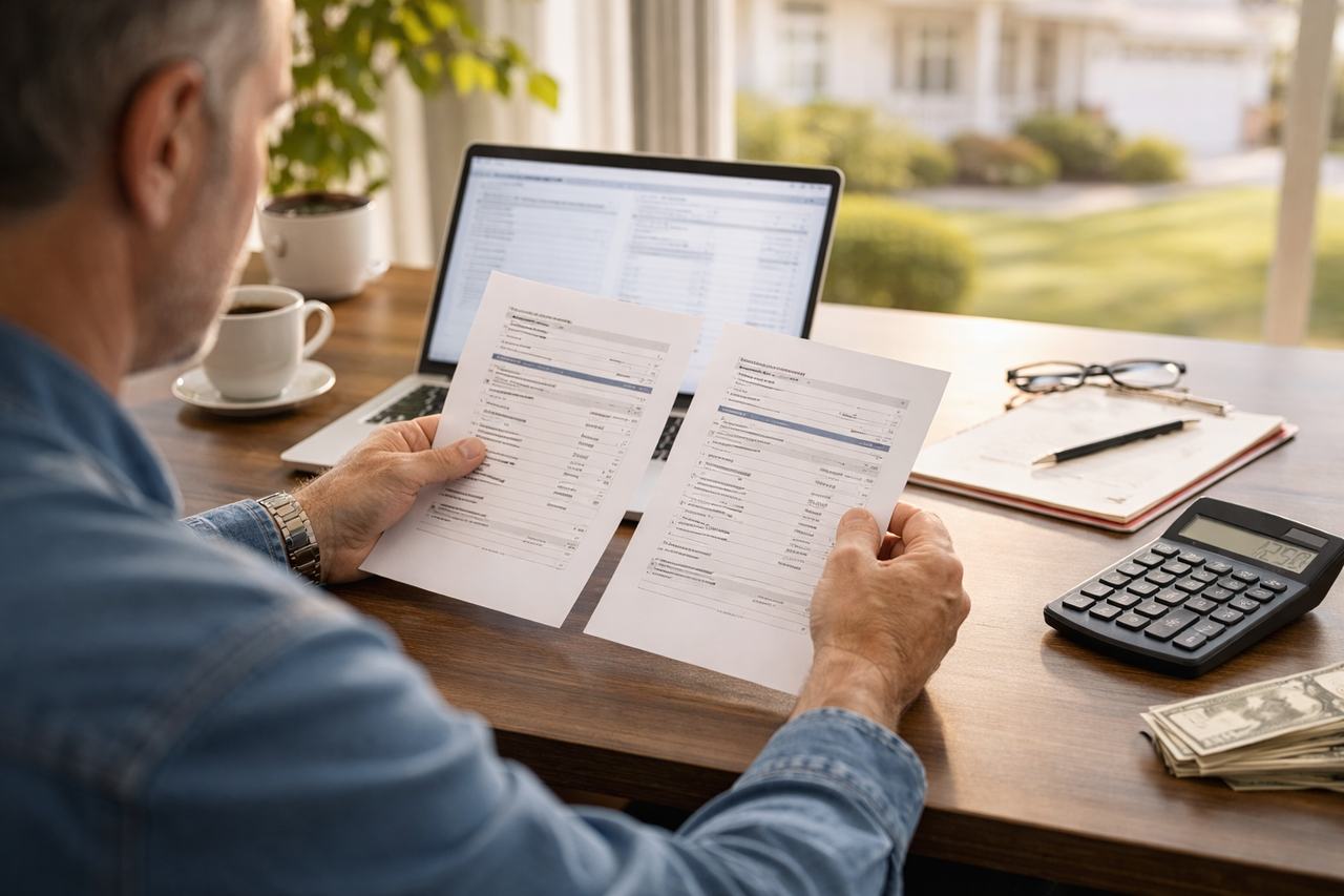 Real estate investor comparing two loan options on a laptop with rental property in background