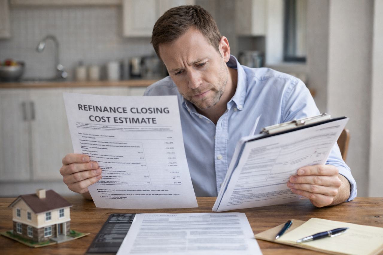 Homeowner reviewing refinance closing cost estimate and loan documents at a table