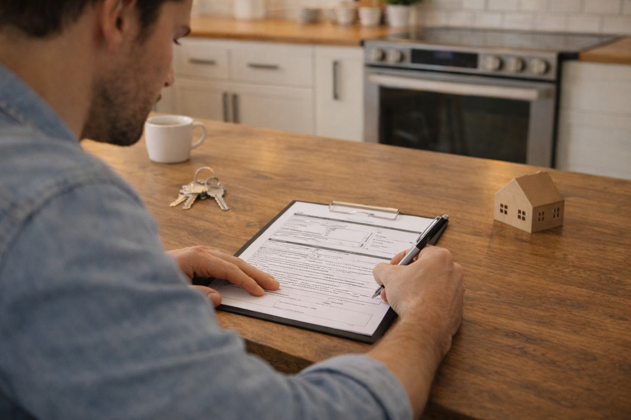 Homebuyer signing final mortgage documents and receiving keys at closing