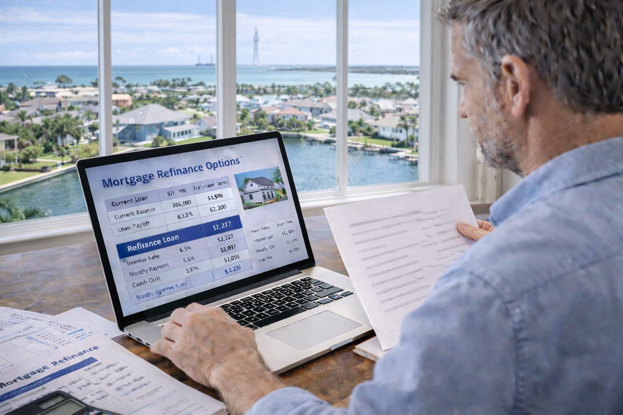 Brevard County Florida homeowner reviewing mortgage refinance options with laptop and financial documents