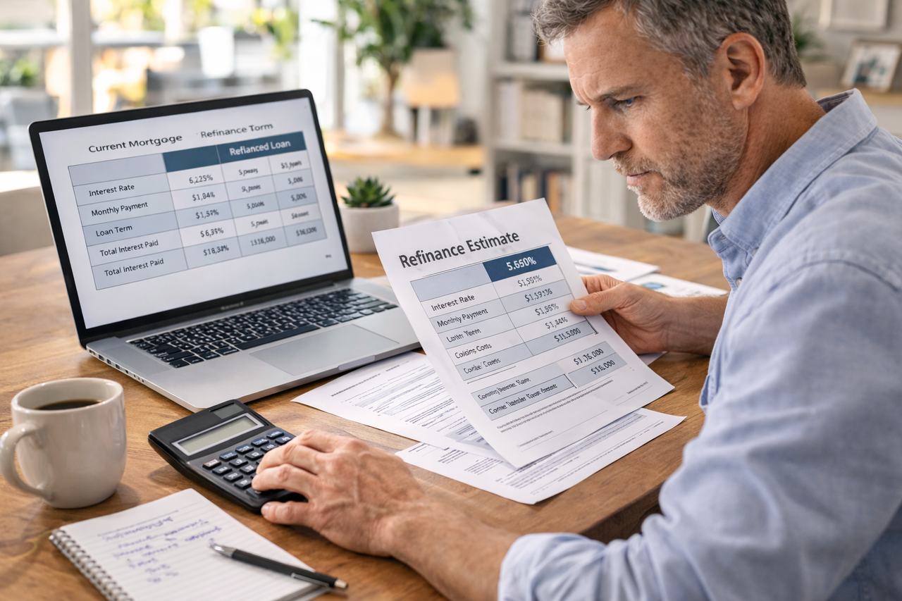 Homeowner reviewing mortgage refinance documents while evaluating risks of cash out refinancing